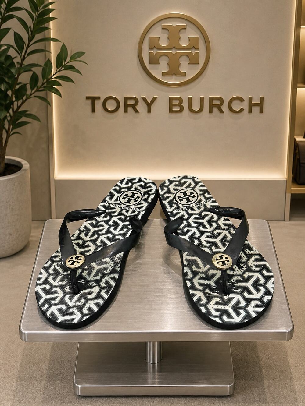 Tory Burch Chelsea Geometric Thin Flip Flop Sandals Black White Sz 7